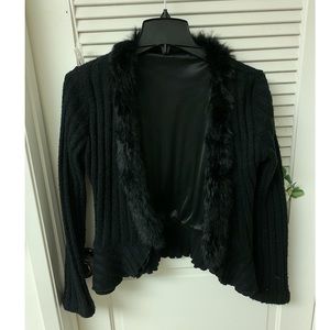 Knitted Black Fur Lined Cardigan with Ruffled Trim